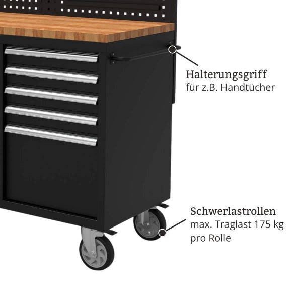 Werkstattwagen mit Holzplatte, mehreren Schubladen, Seitengriff als Halterung und Schwerlastrollen mit 175 Kilogramm Traglast pro Rolle.