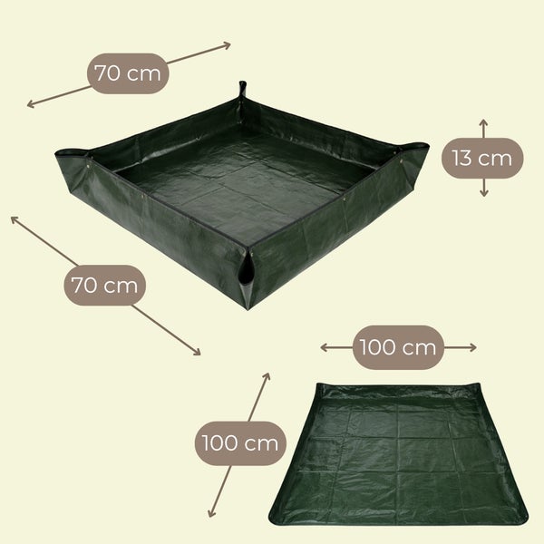 Grüne Pflanzmatte aus Kunststoffgewebe, Maße gefaltet 70 mal 70 mal 13 Zentimeter, Maße ausgebreitet 100 mal 100 Zentimeter.