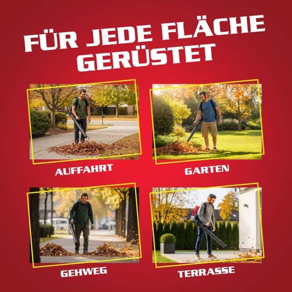 Das Bild zeigt eine Collage von vier verschiedenen Orten – Auffahrt, Garten, Gehweg und Terrasse – auf denen jeweils eine Person mit einem Laubbläser zu sehen ist.