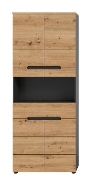 Hochschrank in Eichenoptik mit schwarzem Korpus, offenem Fach und integrierten Griffmulden.