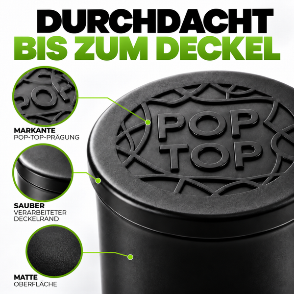 Produktmerkmale eines schwarzen Pop Top Behaelters mit Praegung Deckelrand und matter Oberflaeche in der Detailansicht.
