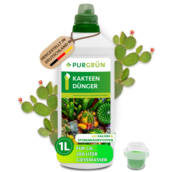 Eine Flasche PurGrün Kakteendünger mit einem Liter Inhalt, hergestellt in Deutschland, für gesundes Wachstum und Widerstandskraft.