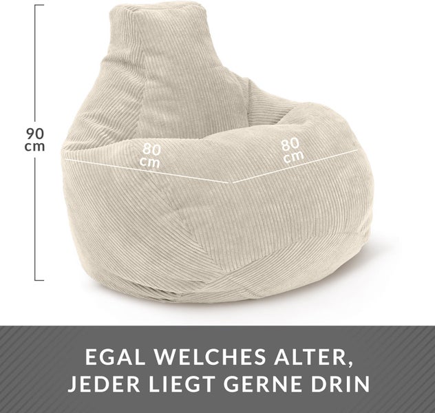 Green Bean® Sitzsack mit Rückenlehne 80x80x90cm - Gaming Chair mit 230L Füllung Cordstoff - Bean Bag Bodenkissen Lounge Sitzhocker Relax-Sessel Gamer Gamingstuhl Beige