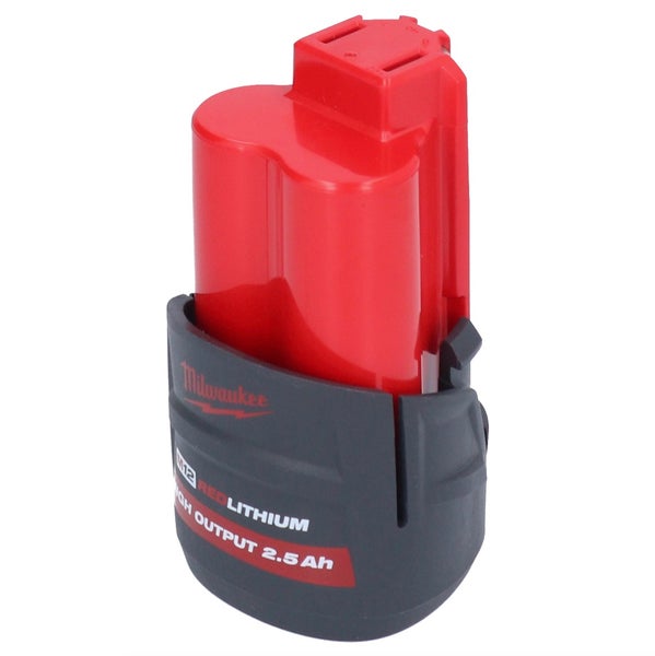 Milwaukee M12 Red Lithium High Output Akku mit 2,5 Amperestunden Kapazität in Rot und Schwarz.