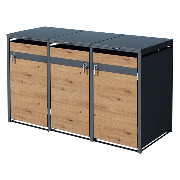 ML-Design Mülltonnenbox 3er 3 Tonnen 240L 200x80x116,3cm Anthrazit-Eichenoptik, Stahl, wetterfest/abschließbar Mülltonnenverkleidung Klappdeckel/3 Türen, Müllbox Mülltonnecontainer Mülltonnenabdeckung