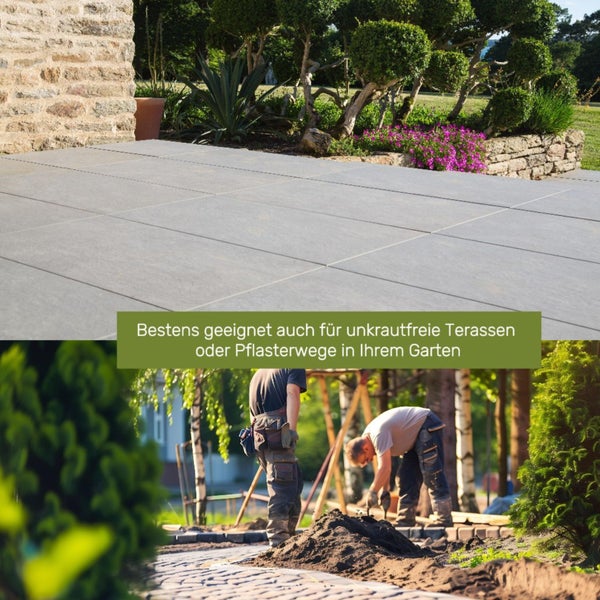 Eine neu verlegte Terrasse aus grossformatigen Platten und Handwerker bei der Gestaltung von Pflasterwegen im Garten.