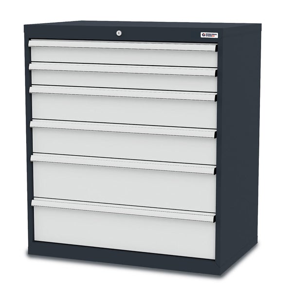 Werkzeugschrank aus Metall von Werkzeug Store24 mit 6 Schubladen und Zentralschloss, Gehäuse Anthrazit, Schubladen Lichtgrau.