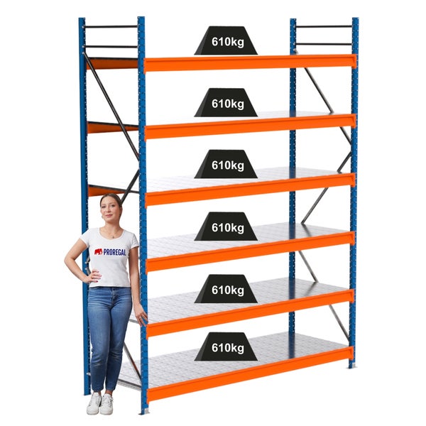 Lagerregal mit sechs Ebenen und einer Traglast von 610 Kilogramm pro Ebene.