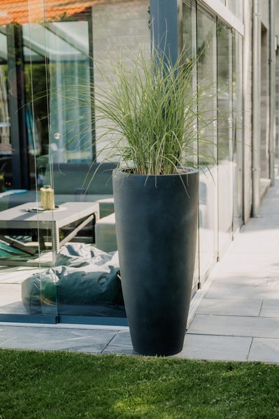 Hoher konischer Pflanzkübel in Anthrazit mit Ziergras auf einer modernen Terrasse neben einer Glaswand.