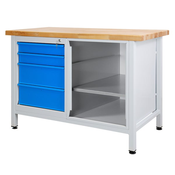 PROREGAL Werkbank Rhino mit 4 Schubladen Regalteil HxBxT 84 x 120 x 60 cm Traglast 300 kg Lichtgrau Blau