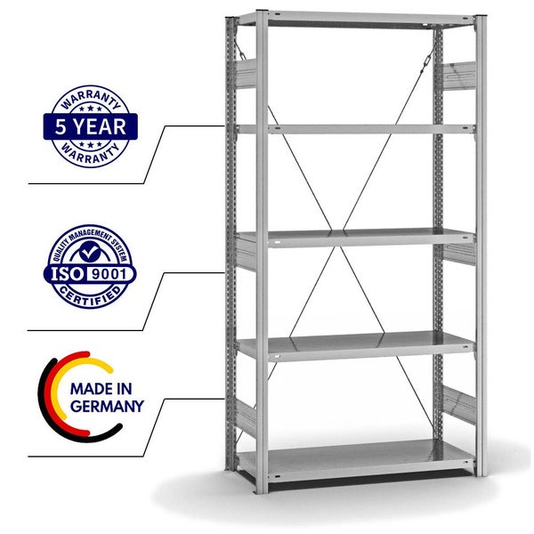 PROREGAL Fachbodenregal Stecksystem T-Profil Heavy-Duty Grundregal HxBxT 200 x 100 x 40 cm 5 Ebenen Fachlast 315 kg Einseitig Nutzbar Verzinkt