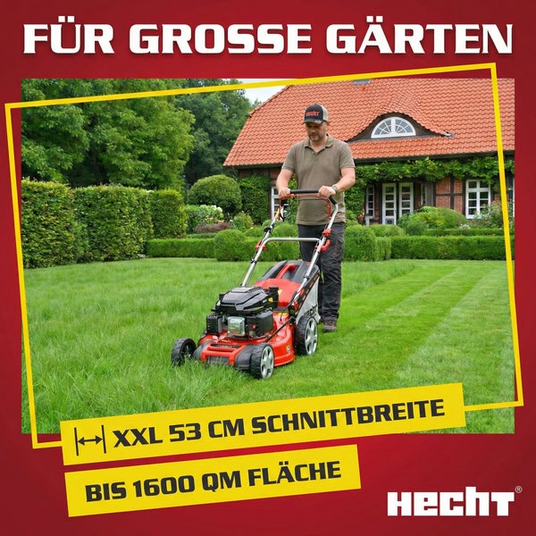 Mann mäht Rasen mit einem Rasenmäher der Marke Hecht für große Gärten mit einer Schnittbreite von 53 Zentimetern für Flächen bis 1600 Quadratmeter