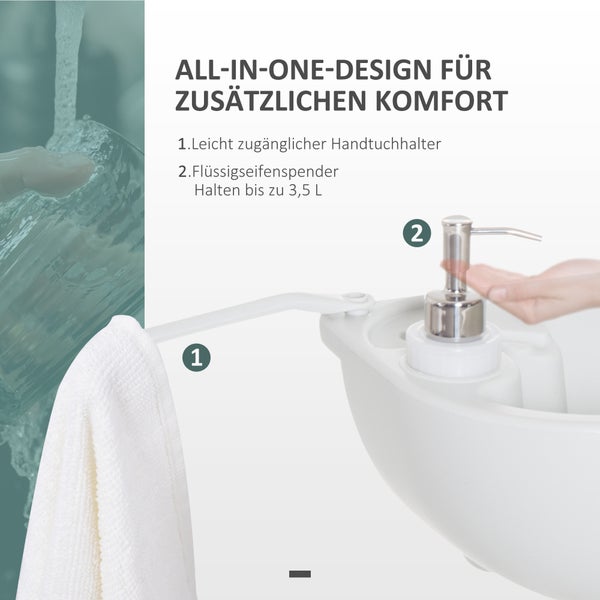 Waschbecken mit integriertem Handtuchhalter und Flüssigseifenspender mit 3,5 Liter Fassungsvermögen.