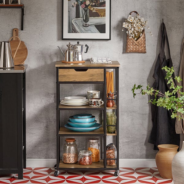 Küchenwagen mit Regalen und Schublade im Essbereich