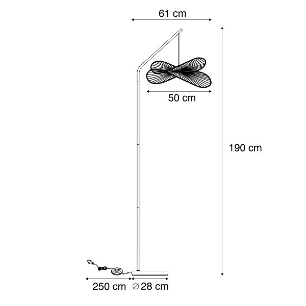 Stehleuchte: Höhe 190 Zentimeter, Breite 61 Zentimeter, Schirmdurchmesser 50 Zentimeter, Fußdurchmesser 28 Zentimeter, Kabellänge 250 Zentimeter.