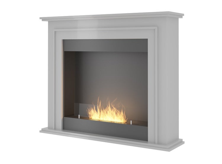 Moderner Ethanolkamin mit weißer Kaminumrandung und sichtbarer Flamme hinter Glas.