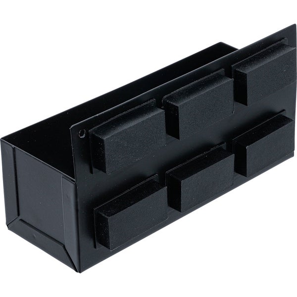Magnetische Aufbewahrungsbox aus schwarzem Metall mit sechs Magneten auf der Rückseite zur Befestigung an Metalloberflächen.