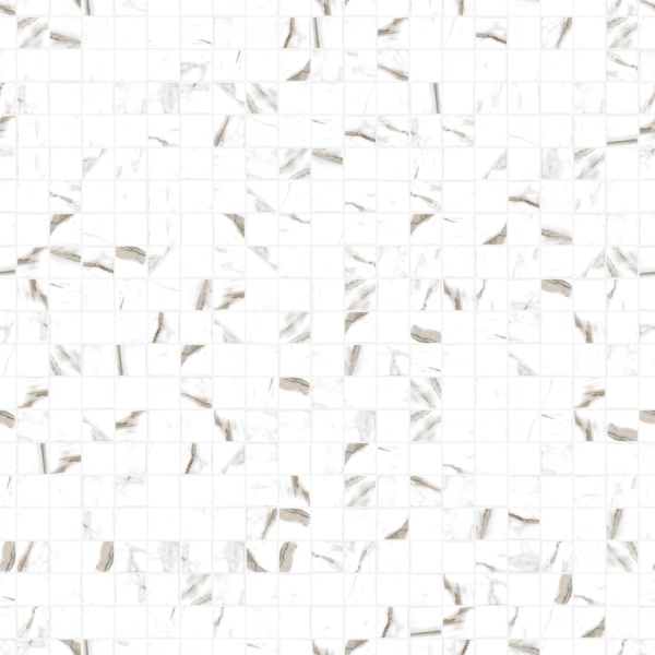 Quadratische Mosaikfliesen mit Marmor-Effekt, weiß mit grauer Maserung.