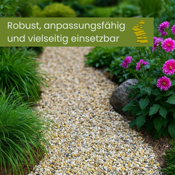 Gartenweg aus Kies mit Pflanzen am Wegrand