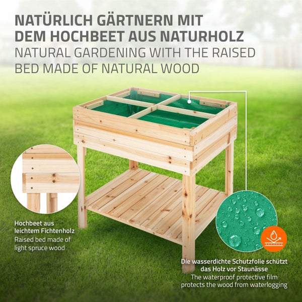 ECD Germany Hochbeet aus Holz mit Ablage und Pflanzfolie 80x60x80 cm Natur Witterungsbeständig 4 Pflanzengefäße Frühbeet Kräuterbeet Gemüsebeet Pflanzkübel Pflanzkasten für Garten Balkon und Terrasse
