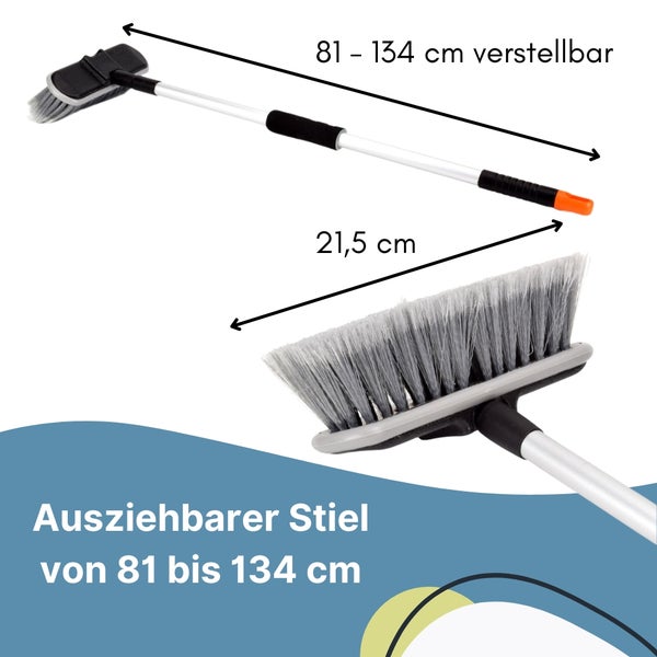 Waschbürste mit ausziehbarem Teleskopstiel von 81 bis 134 Zentimeter und einer Bürstenkopfbreite von 21,5 Zentimeter.