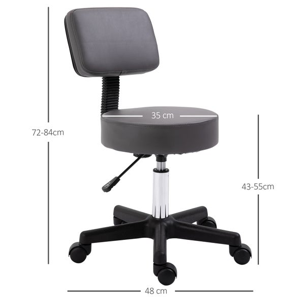 HOMCOM Rollhocker Höhenverstellbarer Arbeitshocker mit Lehne, Drehbarer Salon Hocker für Massage Büro Kunstleder Grau Ø35 x 72-84 cm