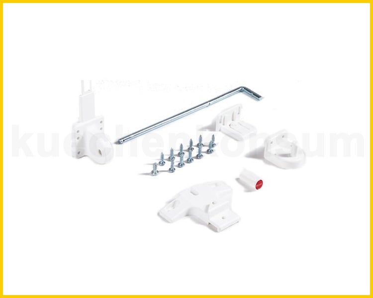 Befestigungs-Set für Küchenschränke mit Kunststoffhaltern, Metallschrauben und einem Metallstab.