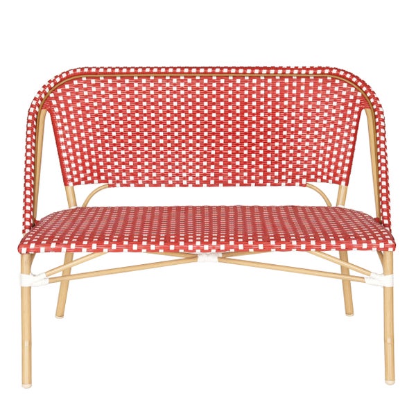 Zweisitzige Bistrogartenbank mit rot-weißem Flechtmuster und hellem Gestell in Holzoptik.