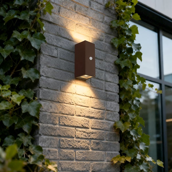 Moderne rechteckige Außenwandleuchte mit Bewegungsmelder und Up-and-Down-Lichteffekt, montiert an einer Backsteinwand mit Kletterpflanzen.