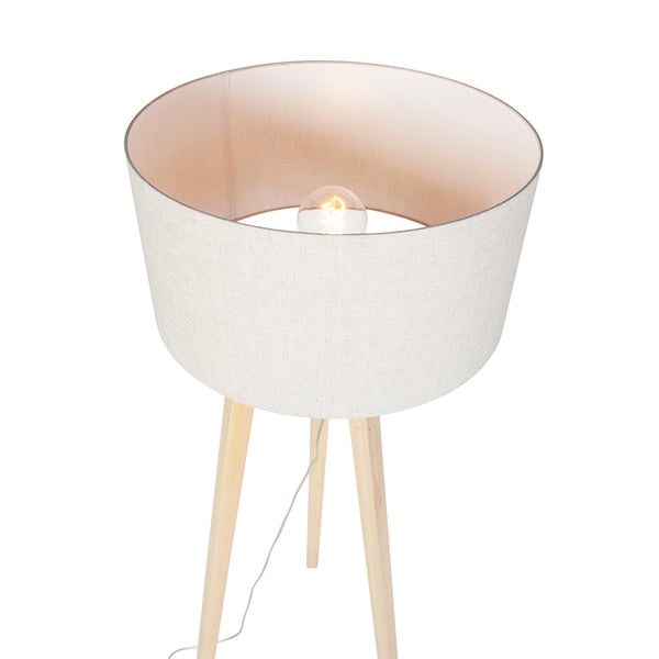Stehlampe mit Stoffschirm und Holzbeinen
