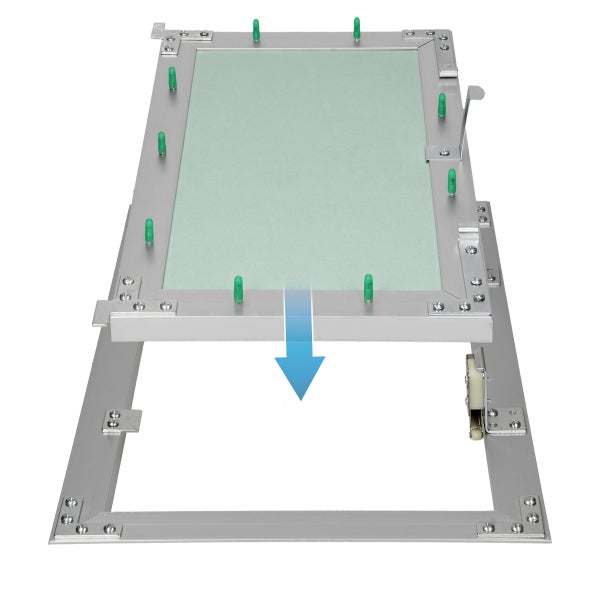 Revisionstür aus Aluminium mit Gipskartoneinlage und abnehmbarem Türblatt, geeignet für Trockenbauwände oder Decken.