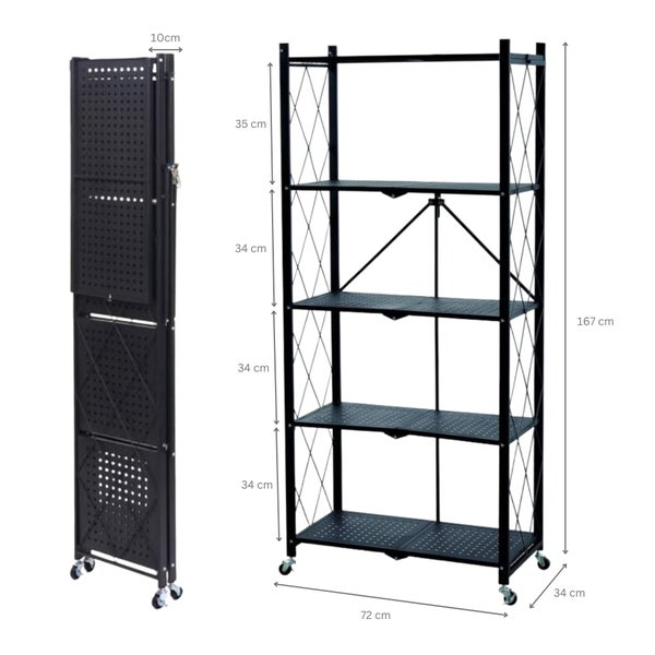 Zusammengeklapptes und aufgebautes Regal mit fünf Ablageflächen und Rollen mit den Maßen 167 cm Höhe, 72 cm Breite und 34 cm Tiefe.