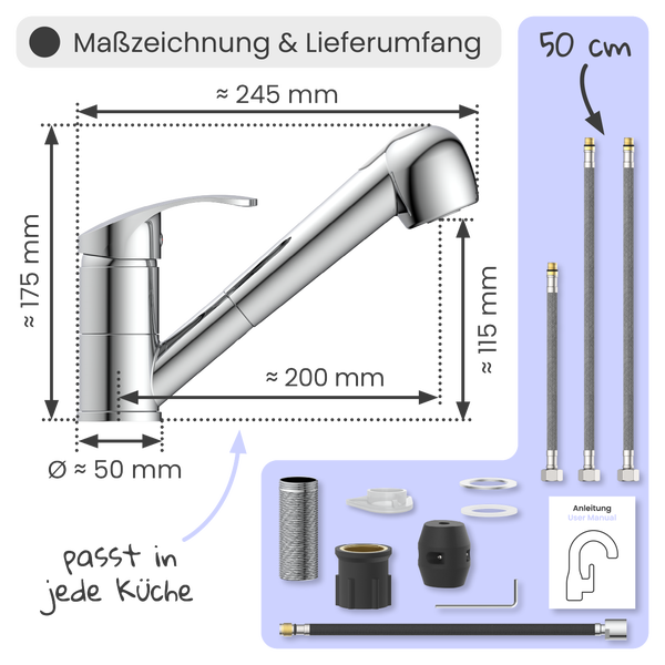Maßzeichnung und Lieferumfang einer Küchenarmatur mit den Maßen 245 mm Breite, 175 mm Höhe und einem Durchmesser von 50 mm sowie Zubehör wie Anschlussschläuche, Dichtungen und Montageanleitung