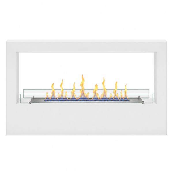 Wandethanolkamin in rechteckiger Form mit brennenden Flammen und integrierter Glasscheibe.