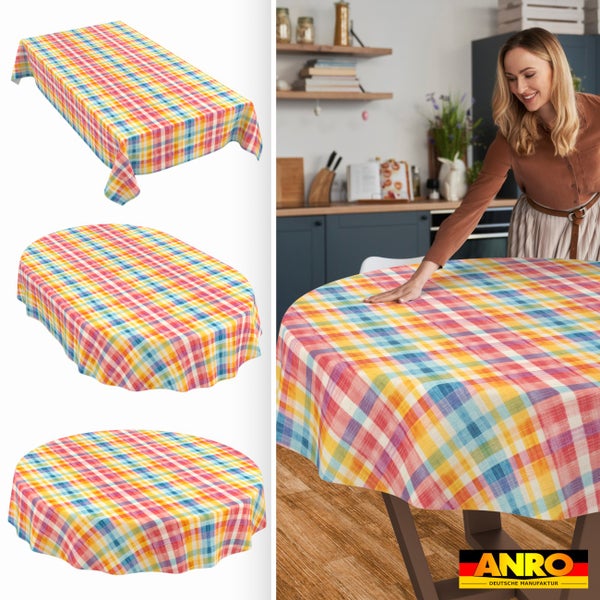 Bunt karierte Tischdecken in verschiedenen Formen, gezeigt als Produktbilder und in einer hellen, modernen Küche. ANRO DEUTSCHE MANUFAKTUR Logo.