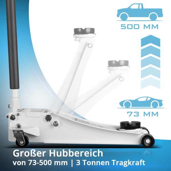 Weißer Wagenheber mit Hubbereich von 73 bis 500 Millimeter und drei Tonnen Tragkraft.