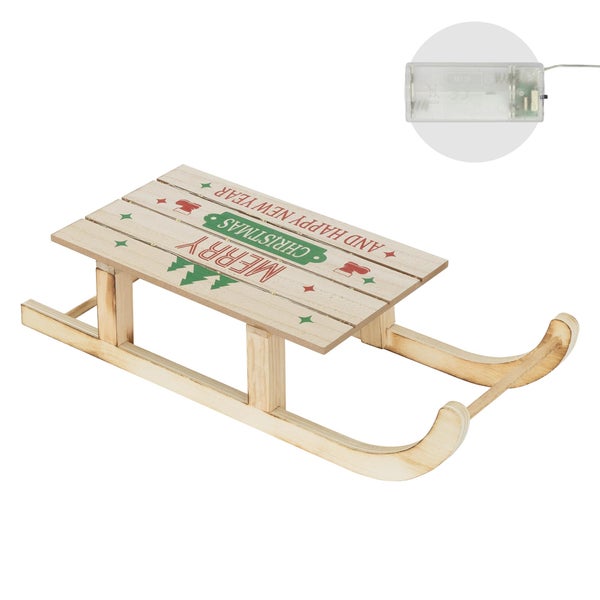 ECD Germany LED Deko Schlitten aus Holz mit warmweißen LEDs, 42 x 16 cm, Natur-Braun, batterriebetrieben, Beleuchteter Dekoschlitten mit Timer, Weihnachtsdeko Weihnachten Dekoration Deko Holzschlitten