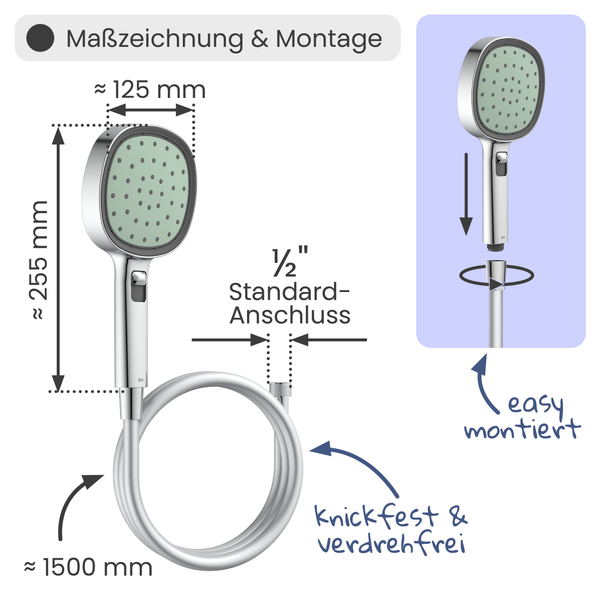 Handbrause mit Schlauch, Maße 255 mal 125 Millimeter, Schlauchlänge circa 1500 Millimeter, 1/2 Zoll Anschluss, knickfest und verdrehfrei.