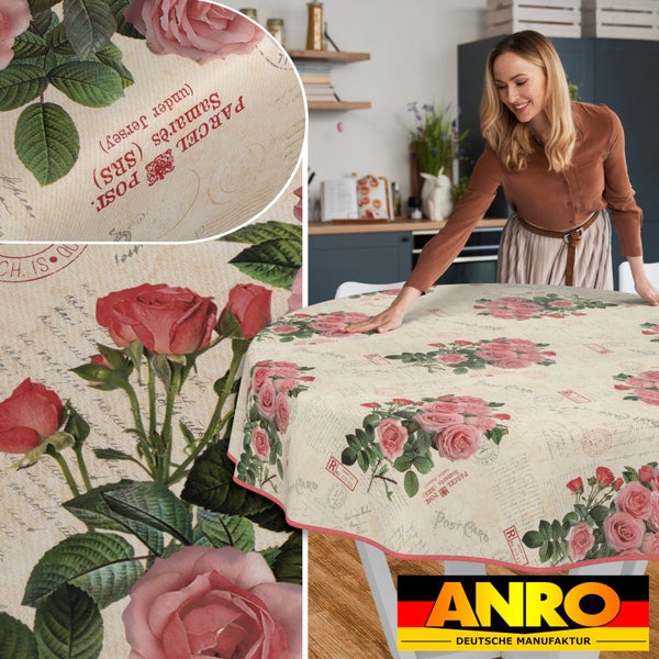 Dekorierter Tisch mit Rosenmuster und Frau im Hintergrund in der Küche.