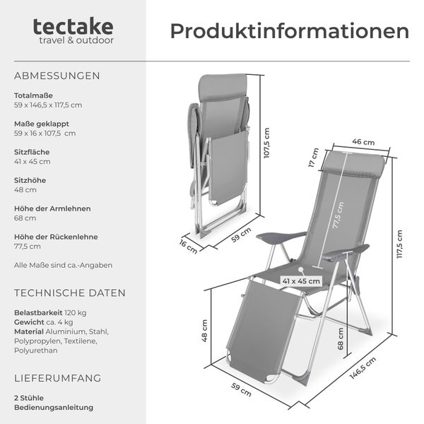 2er Set Gartenstuhl tectake Jana 146,5 x 59 x 117,5 cm klappbar grau
