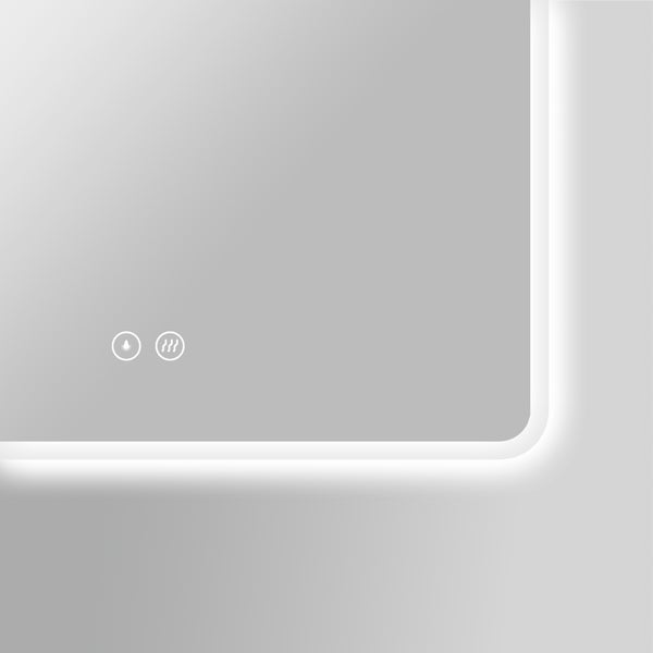 Rechteckiger Badezimmerspiegel mit LED Beleuchtung und integrierter Spiegelheizung zur Vermeidung von Beschlag.