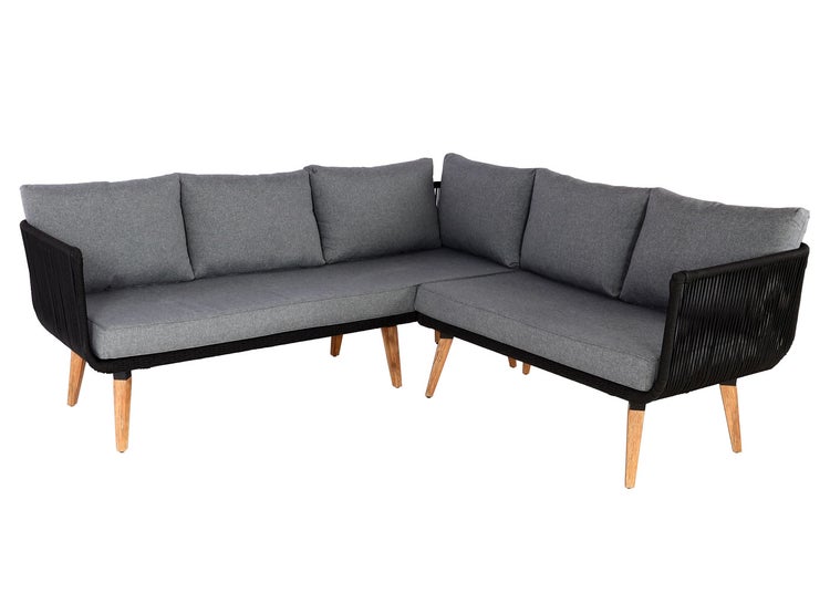 L-förmiges Lounge-Sofa für den Außenbereich mit schwarzem Geflecht-Rahmen, grauen Stoffkissen und konischen Holzfüßen.
