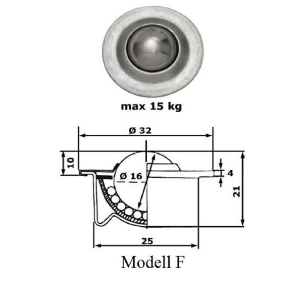 Kugelrolle Modell F mit 15 Kilogramm Tragkraft und technischer Maßzeichnung
