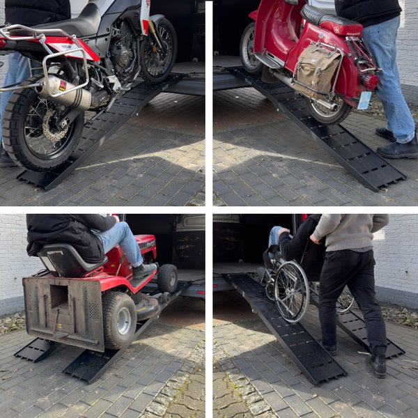 Anwendungsbeispiele für eine mobile Rampe mit Motorrad, Moped, Rasentraktor und Rollstuhl