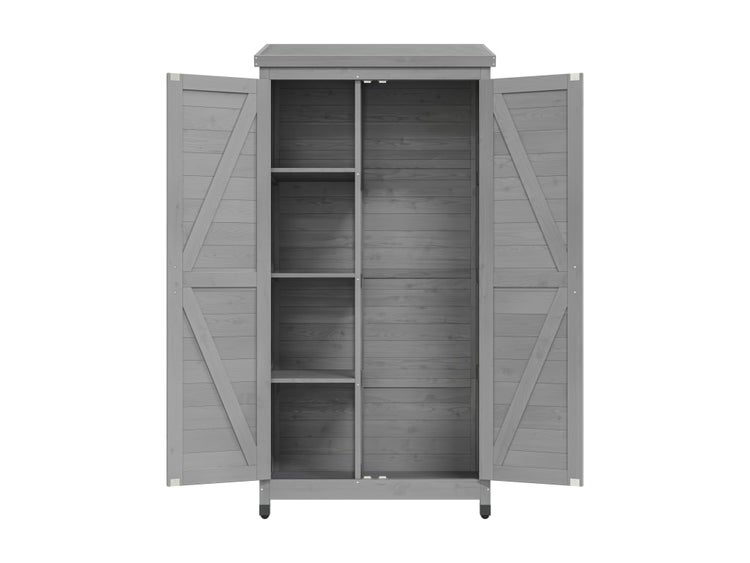 Grauer Geräteschrank aus Holz für den Garten mit zwei geöffneten Türen und Regalböden.