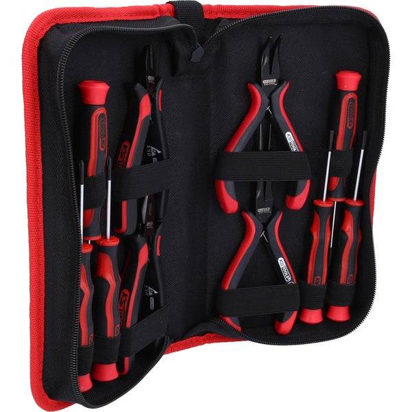 Werkzeugsatz mit Schraubendrehern und Zangen in einer roten Tasche