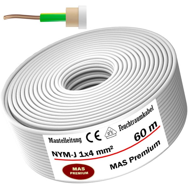 Weiße Mantelleitung NYM-J 1 mal 4 Quadratmillimeter von MAS Premium, 60 Meter langes Feuchtraumkabel aus Kupfer.