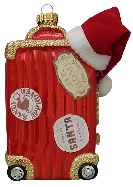 Santas Reisekoffer 11cm mit Stoffmütze, Glasornament, mundgeblasen und handekoriert, 1 Stck., Weihnachtsbaumkugeln, Christbaumschmuck, Weihnachtsbaumanhänger