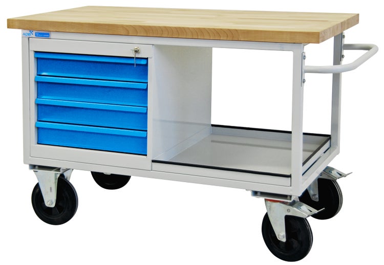 PROREGAL Mobile Werkbank Rhino mit Ablagefach 4 Schubladen HxBxT 83 x 130 x 60 cm Traglast 500 kg Lichtgrau Blau