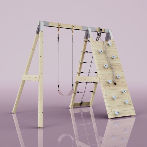 Kinderspielgerät aus Holz mit rosa Schaukel, Kletterwand mit Klettergriffen und Kletternetz aus Seilen.